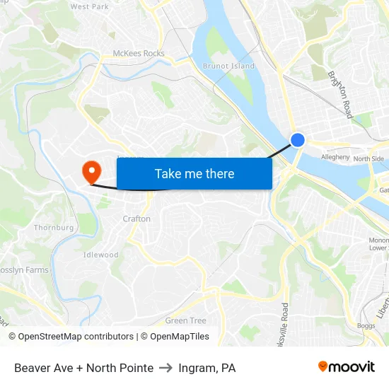 Beaver Ave + North Pointe to Ingram, PA map