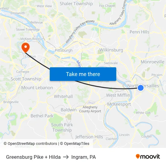 Greensburg Pike + Hilda to Ingram, PA map