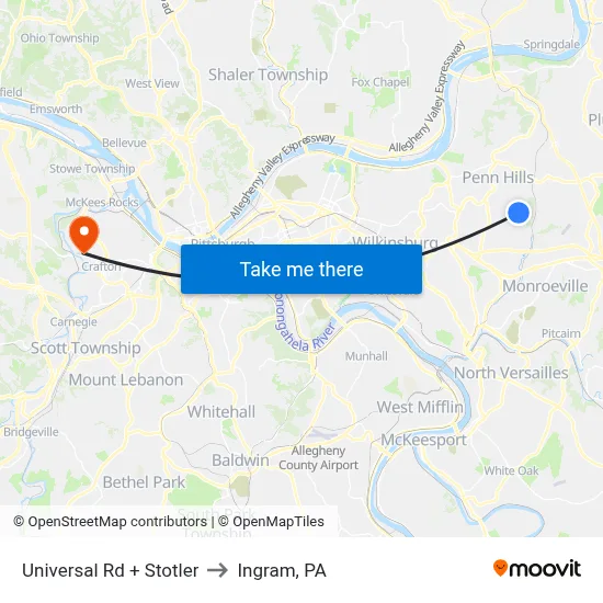 Universal Rd + Stotler to Ingram, PA map