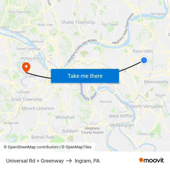 Universal Rd + Greenway to Ingram, PA map