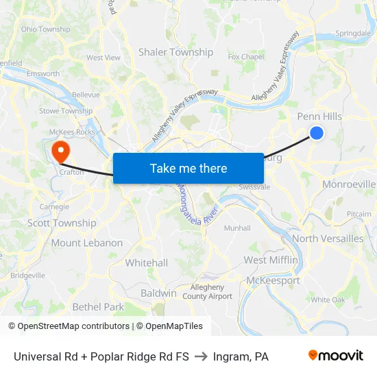 Universal Rd + Poplar Ridge Rd FS to Ingram, PA map