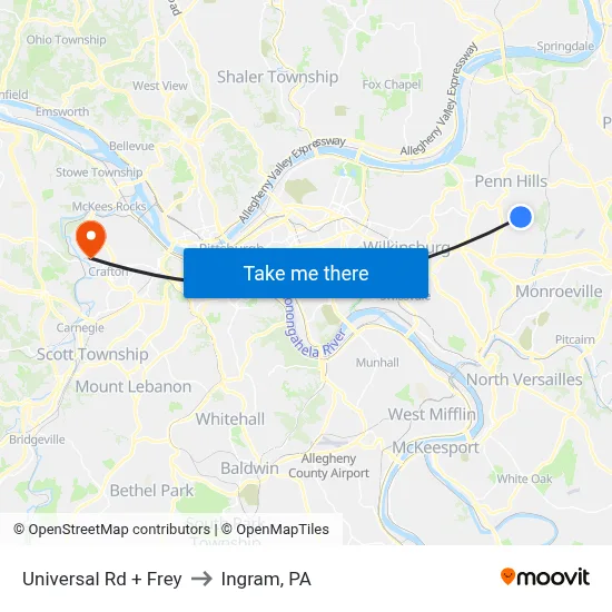 Universal Rd + Frey to Ingram, PA map