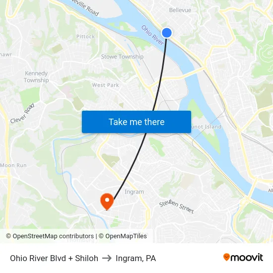 Ohio River Blvd + Shiloh to Ingram, PA map