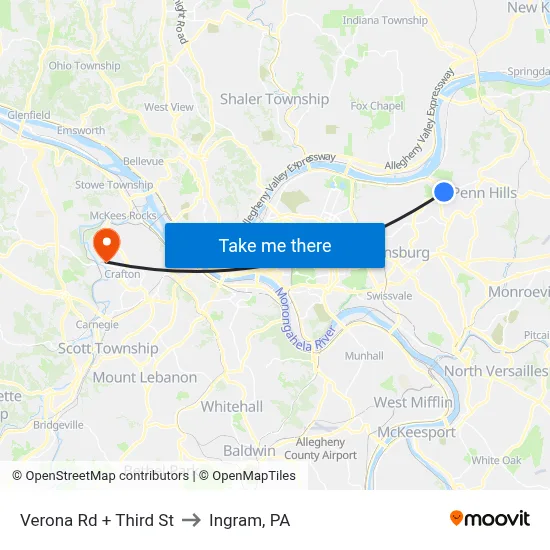 Verona Rd + Third St to Ingram, PA map