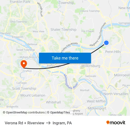 Verona Rd + Riverview to Ingram, PA map