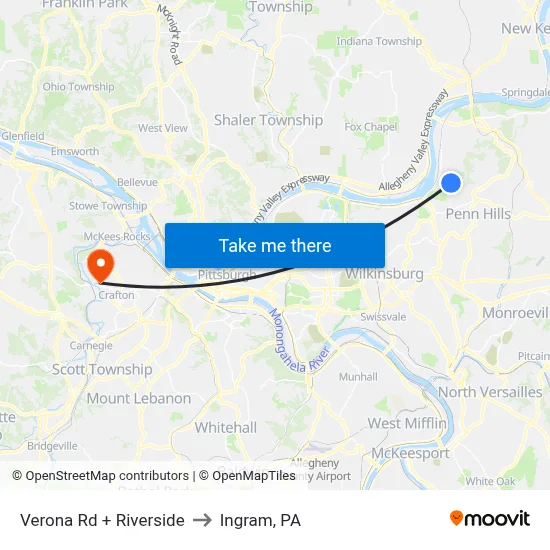 Verona Rd + Riverside to Ingram, PA map