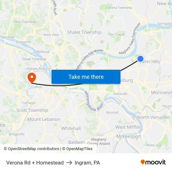 Verona Rd + Homestead to Ingram, PA map