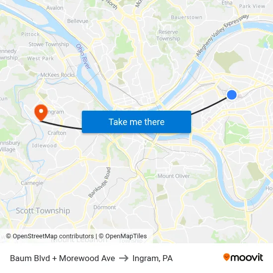 Baum Blvd + Morewood Ave to Ingram, PA map