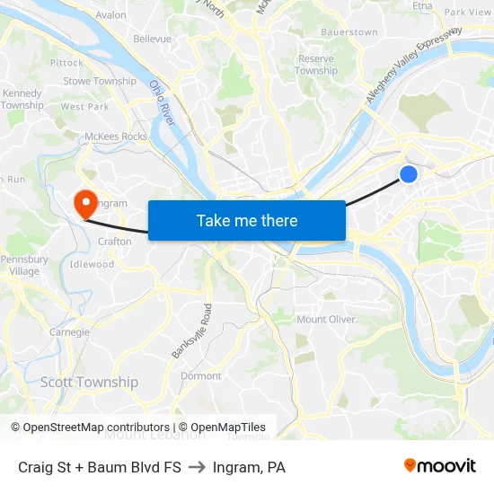 Craig St + Baum Blvd FS to Ingram, PA map