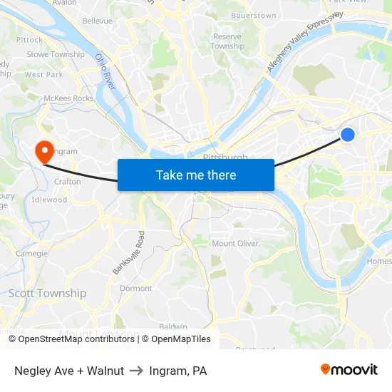 Negley Ave + Walnut to Ingram, PA map