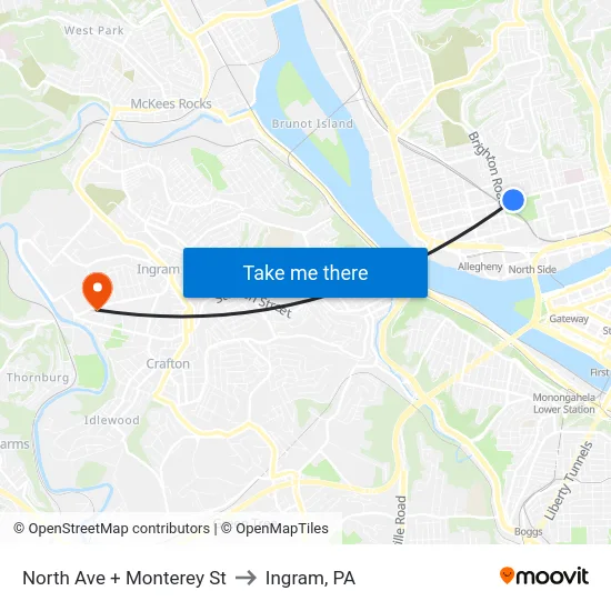 North Ave + Monterey St to Ingram, PA map