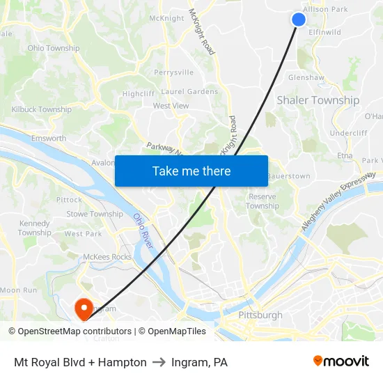 Mt Royal Blvd + Hampton to Ingram, PA map