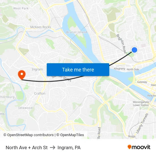 North Ave + Arch St to Ingram, PA map