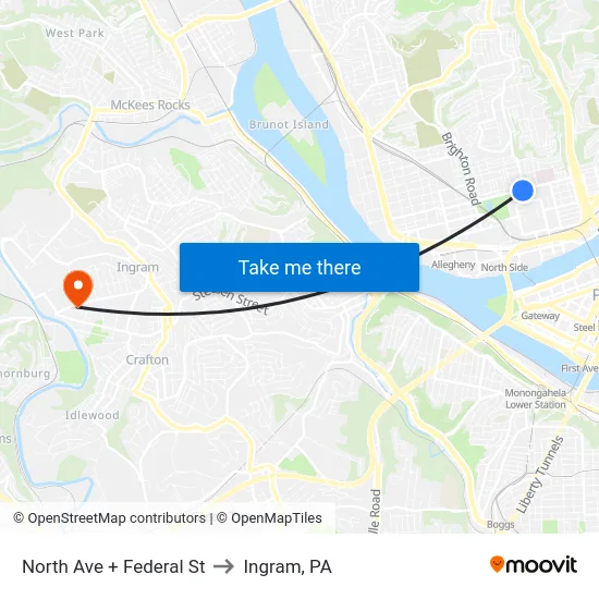 North Ave + Federal St to Ingram, PA map