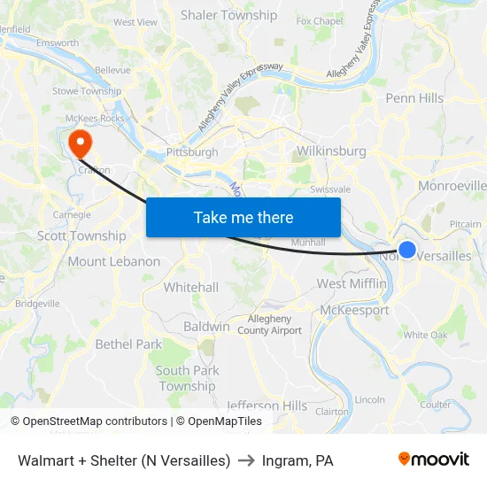 Walmart + Shelter (N Versailles) to Ingram, PA map
