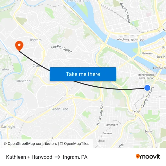 Kathleen + Harwood to Ingram, PA map