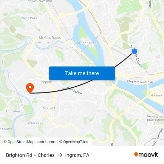 Brighton Rd + Charles to Ingram, PA map