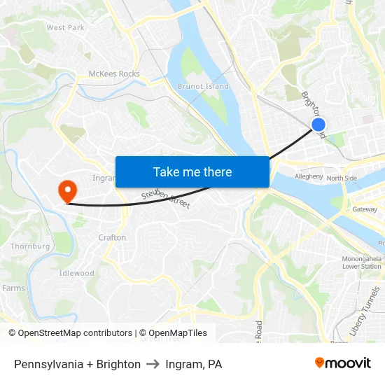Pennsylvania + Brighton to Ingram, PA map