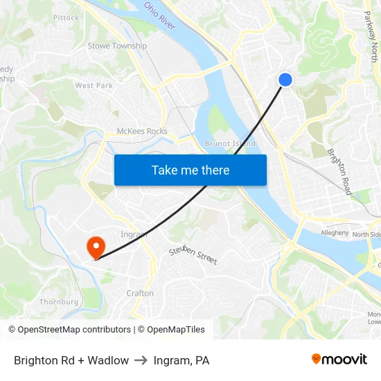 Brighton Rd + Wadlow to Ingram, PA map
