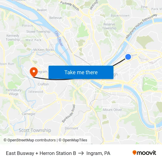 East Busway + Herron Station B to Ingram, PA map