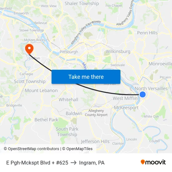 E Pgh-Mckspt Blvd + #625 to Ingram, PA map