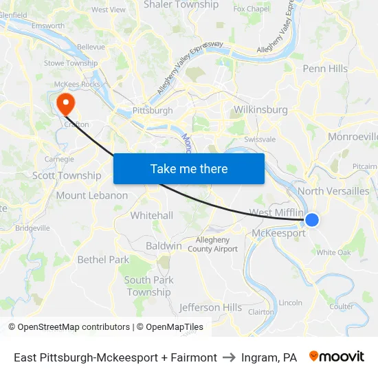 East Pittsburgh-Mckeesport + Fairmont to Ingram, PA map