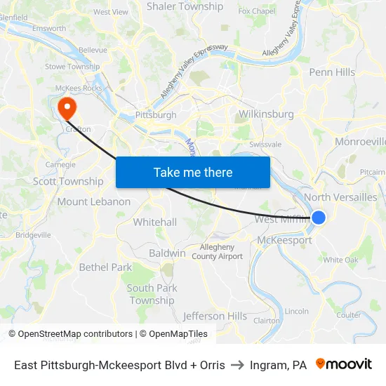 East Pittsburgh-Mckeesport Blvd + Orris to Ingram, PA map