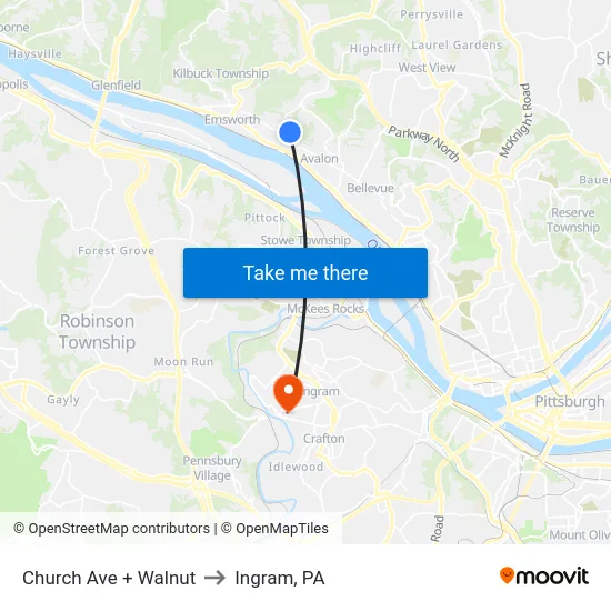 Church Ave + Walnut to Ingram, PA map