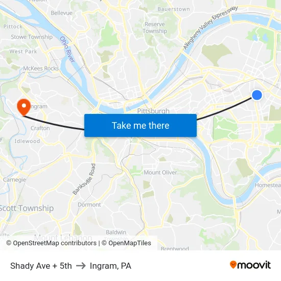 Shady Ave + 5th to Ingram, PA map