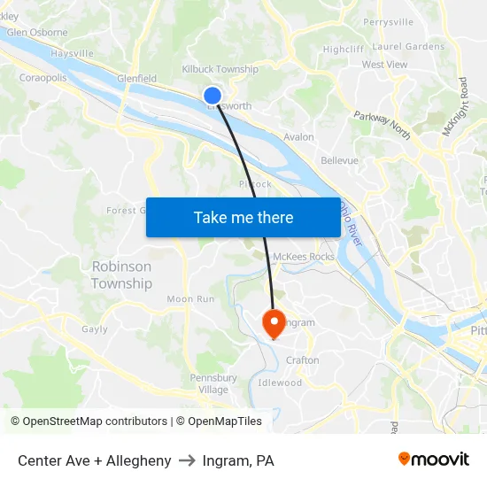 Center Ave + Allegheny to Ingram, PA map