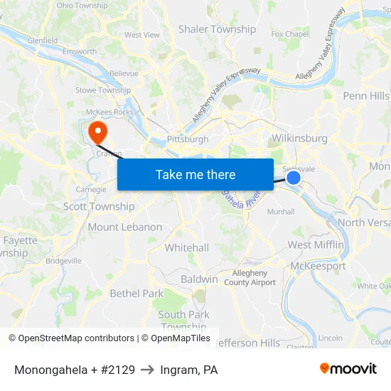 Monongahela + #2129 to Ingram, PA map