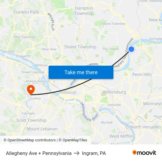 Allegheny Ave + Pennsylvania to Ingram, PA map