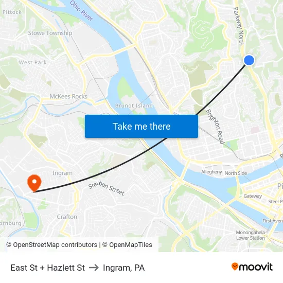 East St + Hazlett St to Ingram, PA map