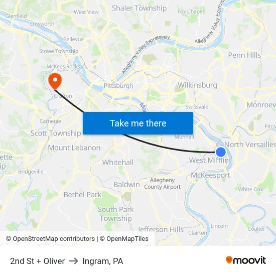 2nd St + Oliver to Ingram, PA map