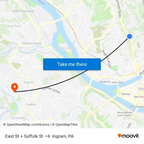 East St + Suffolk St to Ingram, PA map