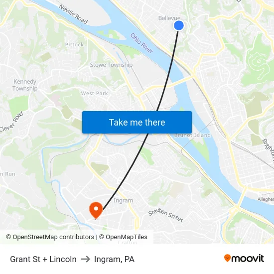 Grant St + Lincoln to Ingram, PA map
