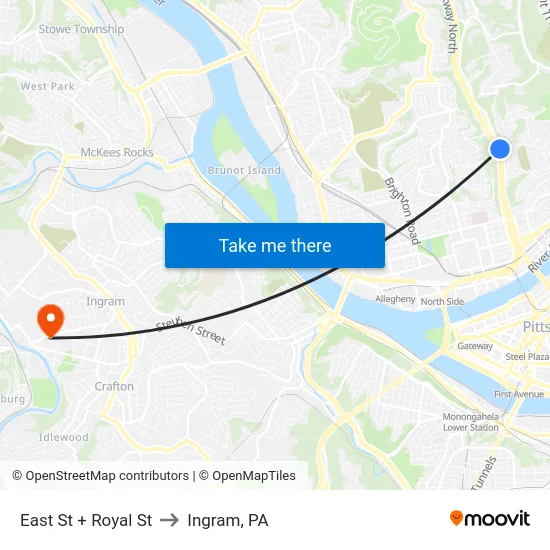 East St + Royal St to Ingram, PA map