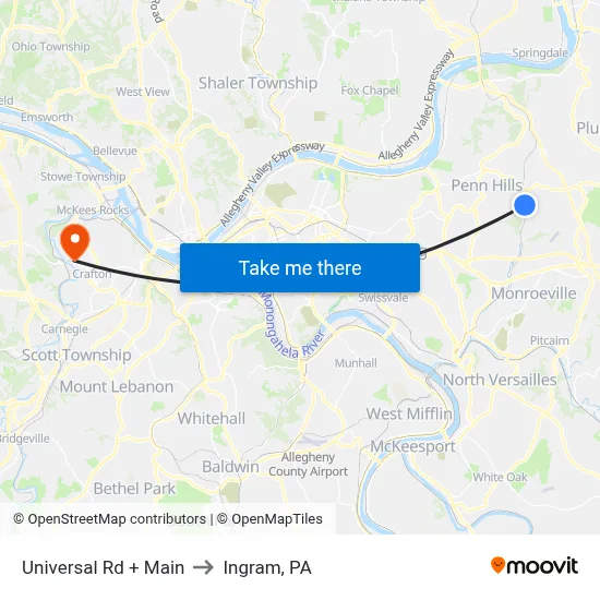 Universal Rd + Main to Ingram, PA map