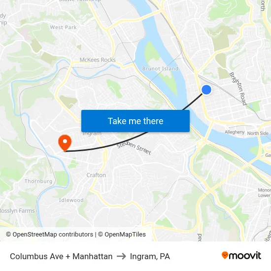 Columbus Ave + Manhattan to Ingram, PA map