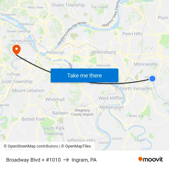 Broadway Blvd + #1010 to Ingram, PA map
