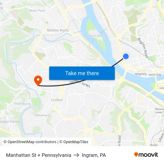 Manhattan St + Pennsylvania to Ingram, PA map
