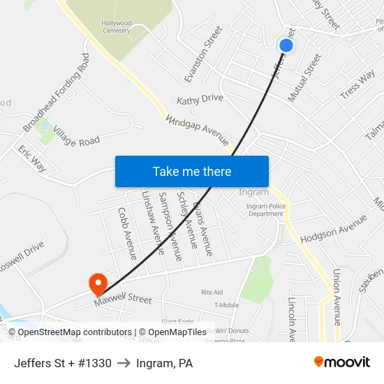 Jeffers St + #1330 to Ingram, PA map