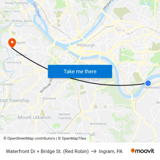Waterfront Dr + Bridge St. (Red Robin) to Ingram, PA map