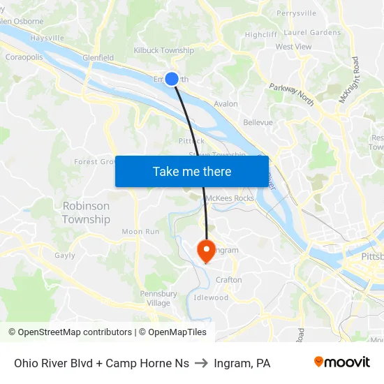 Ohio River Blvd + Camp Horne Ns to Ingram, PA map