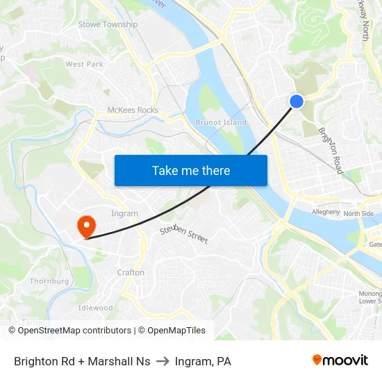 Brighton Rd + Marshall Ns to Ingram, PA map