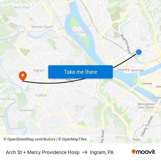 Arch St + Mercy Providence Hosp to Ingram, PA map