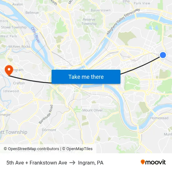 5th Ave + Frankstown Ave to Ingram, PA map