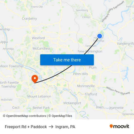 Freeport Rd + Paddock to Ingram, PA map