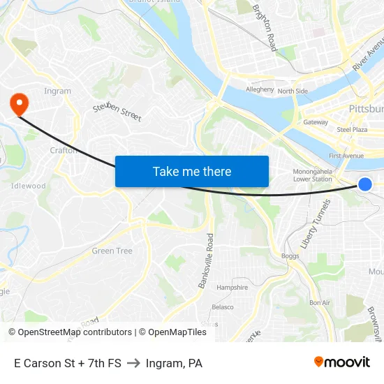 E Carson St + 7th FS to Ingram, PA map