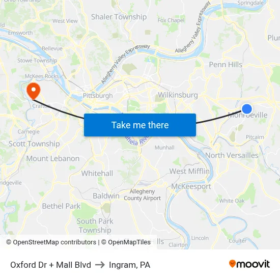 Oxford Dr + Mall Blvd to Ingram, PA map